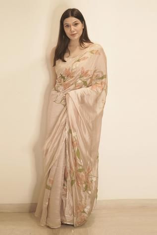 Shop for Anaya by Akruthi Beige Hand Painted Silk Organza Saree for Women Online at Aza Fashions Hand Painted Saree, Painted Saree, Floral Sarees, Hand Painted Sarees, Saree For Women, Beige Silk, Painted Silk, Organza Fabric, Organza Saree