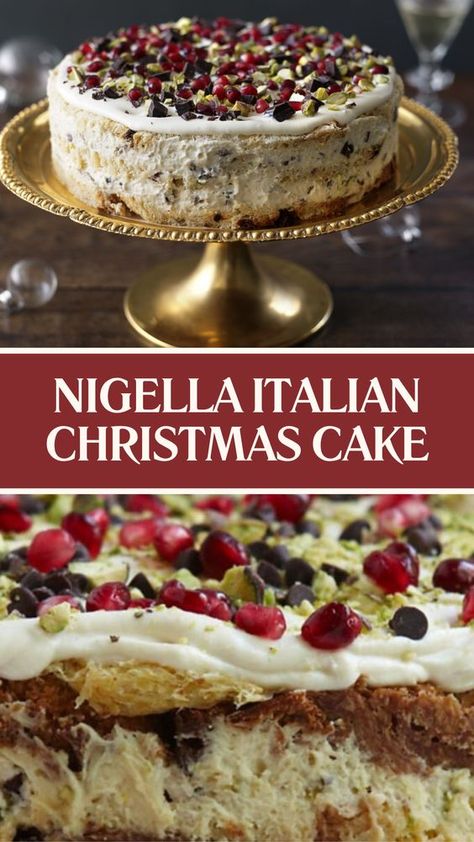 Nigella Italian Christmas Cake recipe is made with panettone, tuaca liqueur, eggs, sugar, mascarpone cheese, double cream, marsala, marrons glacés, chocolate chips, pistachios, and pomegranate seeds this recipe takes 30 minutes to prepare and serves 12 people. Nigella Christmas Cake, Nigella Christmas Recipes, Christmas Tea Desserts, Christmas Day Desserts Ideas, Christmas Cake Ideas Elegant, English Christmas Desserts, Nigella Lawson Christmas, Festive Cakes, Nigella Christmas