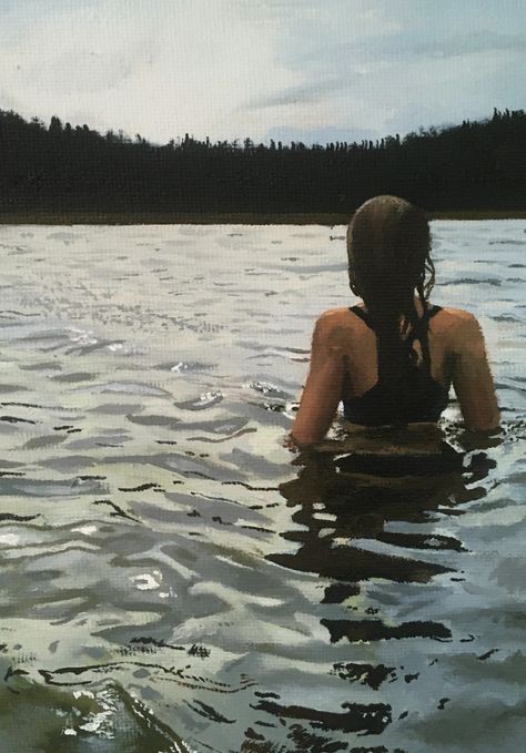 Realistic oil painting of a woman in water with reflections Lena Danya, Water Oil Painting, Water Paintings, Portrait Artwork, Girl In Water, Lake Painting, Berry Ave, Water Reflections, Painting Of Girl