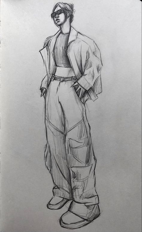 Cool Outfit Sketches, People Pencil Sketches, Baggy Outfit Sketches Pencil, Human Figure Sketches With Clothes Easy, Fashion Pencil Drawing, Pencil Fashion Sketches, Outfits Sketches Pencil, Drawing Clothes Outfits Sketch Pencil, Human Figures Sketch