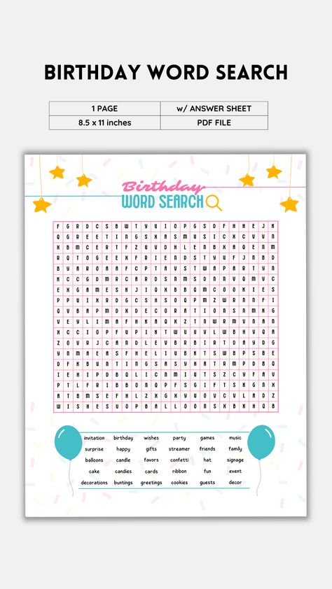 Birthday Word Search, Happy Birthday Words, Word Search Puzzles Printables, 11 Birthday, Happy Birthday Decor, Writing Games, Word Search Printables, Word Search Games, Birthday Words