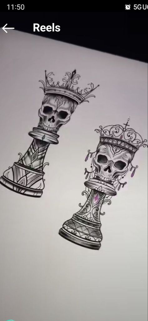 Queen Of Chess Tattoo, Matching Lovers Tattoo, His And Her Skull Tattoos, Rare Couple Tattoos, Shin Piece Tattoo, Couple Sleeve Tattoo, Dark Couples Tattoos, Alternative Couple Tattoos, His And Her Skull Tattoos Couples