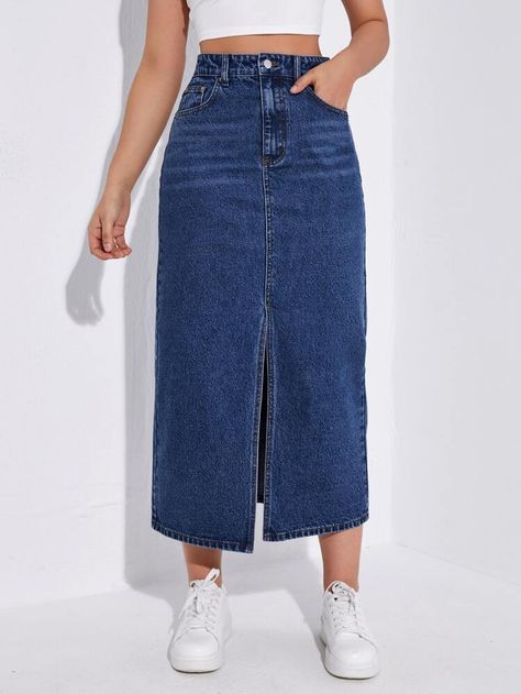 Dark Blue Denim Skirt Outfit, Demim Skirt, Long Jean Skirts, Casual Denim Skirt, Patchwork Denim Skirt, Denim Skirt Fashion, Jean Skirt Outfits, Long Jean Skirt, Jean Skirts