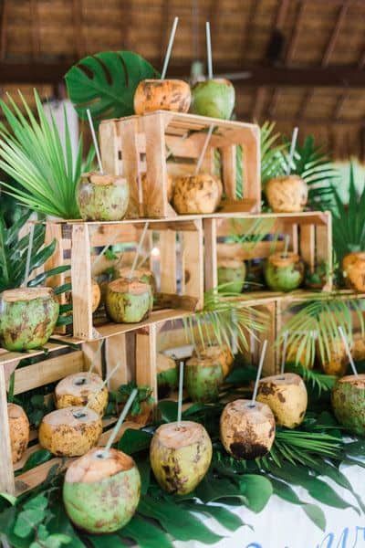 20 Hawaiian Birthday Party Ideas For Adults - Lady Celebrations Coconuts Wedding Decor, Island Decorations Party, Classy Island Theme Party, Tropical Island Decorations, Island Theme Party Ideas, Beach Party Inspiration, Island Theme Wedding Decor, Tropical Wedding Photo Backdrop, Wedding Tropical Decorations