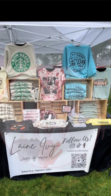 Vendor Boutique Display, Vendor T Shirt Display, How To Set Up A Shirt Booth, Clothes Display Ideas Booth, Best Vendor Booth Displays, Tshirts Display Ideas, Pop Up Shop Display Ideas Craft Booths, T Shirt Craft Show Display, Onesie Display Craft Fairs