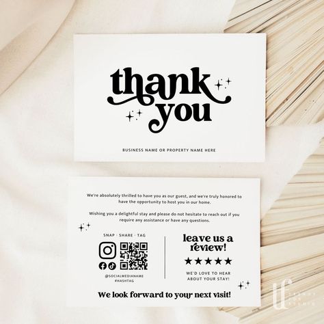 #affiliate Retro Airbnb Host Thank You Card Canva Template | Dani - 4 x 6 / White in 2024 | Thank you card design, Business thank you cards, Card design Review Us Card, Airbnb Host Thank You Card, Rental Property Welcome Basket, Thank You For Business, Review Cards Business, Thank You Typography Design, Thank You For Your Order Cards Ideas, Thank You For Your Business Card, Thank You Postcard Business