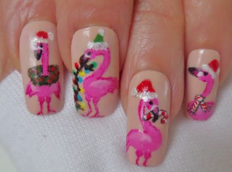 flamingo nail designs closeup Christmas Flamingo Nails, Christmas In Hawaii Nails, Beach Christmas Nails, Flamingo Nails Designs, Flamingo Nail Designs, Tropical Christmas Nails, Beach Holiday Nails, Deer Nails, Boring Nails