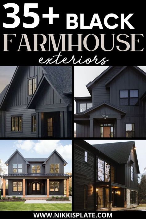 35 BEST MODERN BLACK FARMHOUSE EXTERIORS Single Story Black House Exterior, Black And White Exterior House Farmhouse, Dark Modern Farmhouse Exterior, Modern Black Farmhouse, Black Farmhouse Exterior, Dark Exterior House Colors, Black Home Exterior, Dark Exterior House, Modern Farmhouse Exterior Colors