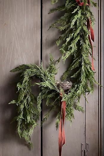 Holiday + Christmas Home Décor | Terrain Faux Cedar Garland, Window Garland, Cedar Garland, Christmas Fireplace Mantels, Cedar Wreath, Christmas Cabin, Christmas Vignettes, Winter Wood, Christmas Fireplace