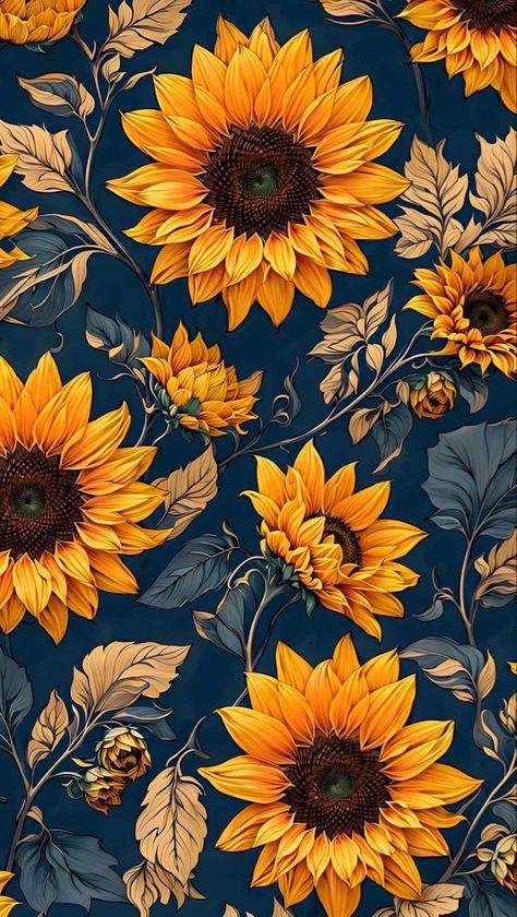 Sunflower Backgrounds Aesthetic, Fall Sunflower Aesthetic, Fall Sunflower Background, Dark Blue Yellow Aesthetic, Sunflower Screensaver, Autumn Flowers Illustration, Sunflower Art Aesthetic, Sunflower Background Aesthetic, Yellow Fall Aesthetic