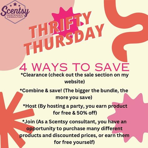 Thrifty Thursday! Perfect ways to get the products you love for less! #thriftythursday #scentsyconsultant Thrifty Thursday, Scentsy Thursday Post, Scentsy Thursday, Thursday Interactive Post, Scentsy Consultant Ideas, Scentsy Party, Scentsy Business, Interactive Posts, Scentsy Consultant