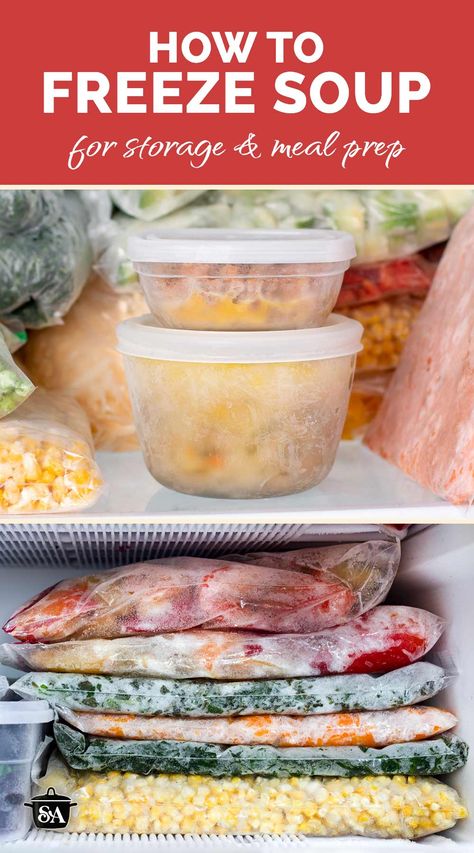 A collage of frozen soups on the freezer shelf. Easy Soups That Freeze Well, Best Way To Freeze Soup, Best Freezer Soups, Make Ahead Soups To Freeze, Best Soups To Freeze, Soups To Freeze Best, How To Freeze Soup, Soup Recipes To Freeze, Soups That Freeze Well