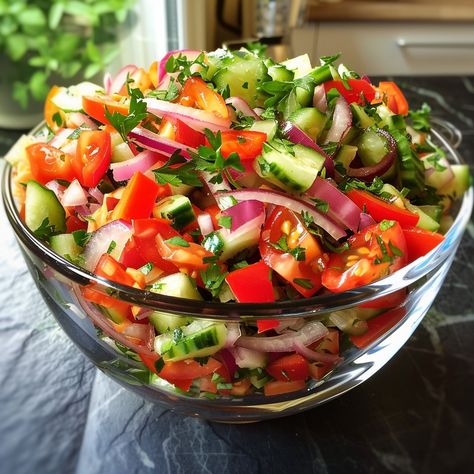 Vibrant Mediterranean Salad: A Burst of Freshness Brighten your table with this Vibrant Mediterranean Salad! 🥗🌿🍅 Packed with fresh vegetables and herbs, it’s the perfect light and refreshing dish for any occasion. Try it out and bring a burst of freshness to your meal! Ingredients 1 cup cherry tomatoes, halved 1 cup cucumber, diced 1/2 red bell pepper, diced 1/2 yellow bell pepper, diced 1/4 red onion, thinly sliced 1/4 cup fresh parsley, chopped 1/4 cup fresh mint, chopped 1/4 cup kalamata... Mediterranean Vegetable Salad, Best Mediterranean Salad, Mediterranean Salad Recipe, Yellow Bell Pepper, Mediterranean Meals, Perfect Salad, Mediterranean Salad, Fresh Salad, Healthy Food Dishes