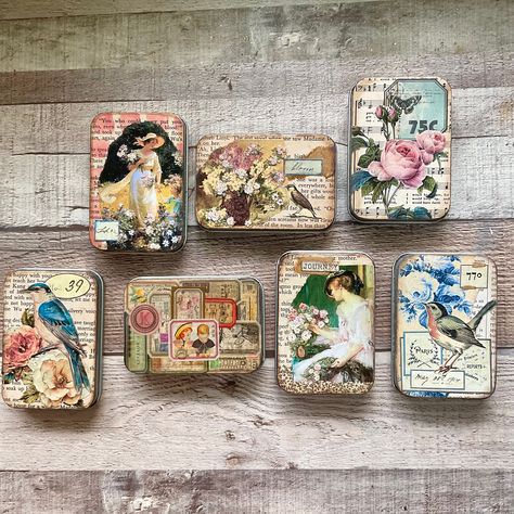 These small tins have been decorated in a vintage style. They measure 3.5 x 2.5 and are perfect to store paper clips, postage stamps, small labels and sticker. They look pretty sitting on the desk while journaling. You will be sent a random tin unless you specifically request one and it is still available. Altoid Tins Crafts, Altoid Tin Ideas Diy, Mint Tin Crafts, Vintage Tea Tins, Recycled Tin Cans, Girls Room Design, Matchbox Crafts, Mint Tins, Altered Tins