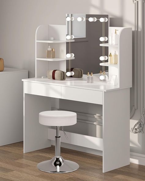 WOLTU Dressing Table Set with Mirror LED and Stool, Vanity Desk with 2 Drawers, 4 Storage Shelves, Height Adjustable Make-up Stool, 108x40 cm, Modern White Cosmetic Table, Wood, MB6106ws Beauty Desk, White Dressing Tables, Smart Home Design, Adjustable Stool, Dressing Table Set, Dressing Table Mirror, Vanity Desk, Adjustable Desk, Dressing Table With Stool