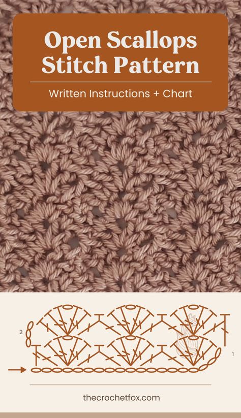 Add a stylish texture to your crochet shawls, scarves and wraps by learning this easy Open Scallops Stitch that gives any crochet project a stunning fan-like pattern. This easy crochet stitch pattern is a looser, more airy version of the Close Scallops Stitch. | More easy crochet stitch patterns at thecrochetfox.com Crochet Diagram Patterns Free, Crochet Stitches Patterns Diagram, Open Crochet Stitches, Loose Crochet Stitch, Crocheting Stitches, Japanese Crochet Patterns, Crochet Stitch Pattern, Crochet Chain Stitch, Crochet Stitches Diagram