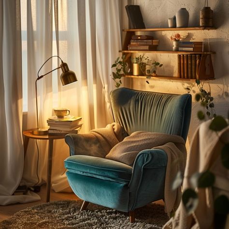 Escape into our little nook of comfort 🛋️✨. Imagine settling into a plush armchair with a warm throw, surrounded by soft lighting and your favorite books. Our cozy corner is designed to be your personal retreat for those quiet moments of relaxation. #CozyCorner #HomeDecor" Bedroom With Armchair, Cozy Book Corner, Armchair Cozy, Armchair Corner, Cozy Armchair, Plush Armchair, Armchair Bedroom, Personal Retreat, Home Library Design