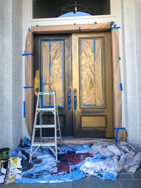 How to get a gold metallic paint finish on your front entry doors! Gold Front Door, Simple House Exterior Design, Painting Metal Doors, Jennifer Allwood, Interior Front Door, Double Front Entry Doors, Metal Front Door, Front Door Paint Colors, Gold Door