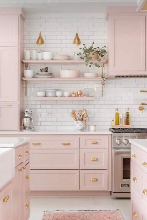 Pink And Gold Kitchen, Pink Kitchen Inspiration, Commercial Bakery, Pink Kitchens, Pink Cabinets, Kitchen Floating Shelves, Pastel Kitchen, Essentials Aesthetic, Dream Kitchens Design