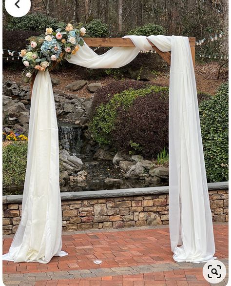 Wedding Arbor Draping, Simple Wedding Arbor Decor, Simple Wedding Arch Ideas, Ceremony Draping, Wedding Arch Tulle, Small Simple Wedding, Simple Wedding Arch, Wedding Photo Walls, Wedding Arch Rustic