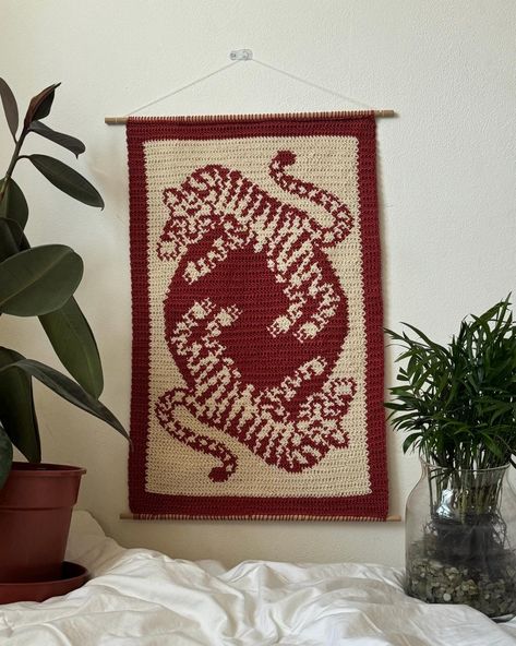 This product is a downloadable pattern for the Twin Tigers tapestry, no physical product is included. The image shown is a crochet piece, but this can also be used for knitting, cross stitch and other crafts. The PDF is a colour coded graph and it's 75x110 rows. The crochet sample I made ended up being 40x60cm. This pattern is for personal use only. 2 Colour Tapestry Crochet, How To Crochet Tapestry, Crochet Picture Frame, Knit Tapestry Pattern, Knit Tapestry, Crochet Tiger, Tapestry Crochet Ideas, Crochet Mario, Crochet Graph