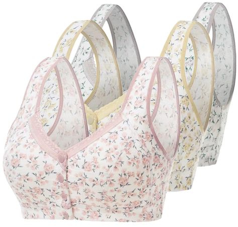 PRICES MAY VARY. 1. this special floral bra with flower pattern.no steel ring, comfortable, natural, relaxed; front button design for easy wearing; u-shaped back design that reduces wearing pressure and makes shoulders more comfortable. 2. select high-quality pure cotton fabric, delicate, non-irritating, safe, comfortable, healthy and environment-friendly; the fabric features soft & comfortable touch, moisture & perspiration absorption and good air permeability. 3.No underwire - with removable p Aesthetic Things To Buy On Amazon, Bra Closet, Floral Bras, Stuff On Amazon, Women Breast, Pink Bras, Bra Design, Bra Items, Sleep Bra