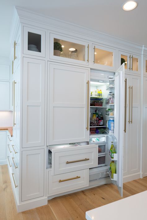 Cabinet Door Refrigerator, Kitchen Built In Refrigerator, Built In Refrigerator Wall With Cabinets, Cabinet On Fridge, Refrigerator Matching Cabinets, Fridge Disguised As Cabinet, Wrap Around Refrigerator Pantry, Modern Farmhouse Fridge, Refrigerator That Looks Like Cabinets