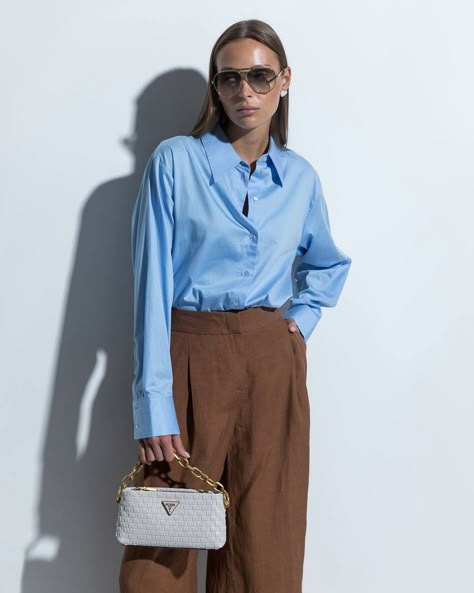 Brown And Blue Work Outfit, Dark Brown And Light Blue Outfit, Light Blue And Brown Outfit, Choco Outfits, Brown And Blue Outfit, Blue And Brown Outfit, Sky Blue Outfit, Camel Outfit, Dinner Fits