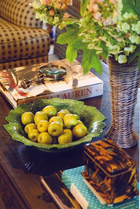 Coffee Table Vignettes, Vignette Styling, Fall Coffee Table, Rough Luxe, Enchanted Home, Green Bowl, Coffee Table Styling, California Style, Limes