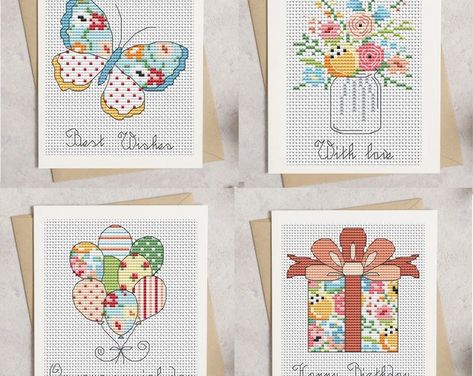 Free Cross Stitch Patterns Vintage, Balloons Butterfly, Stitch Cards, Floral Balloons, Owl Card, Stitch Flowers, Birthday Card Design, Well Wishes, Card Pattern