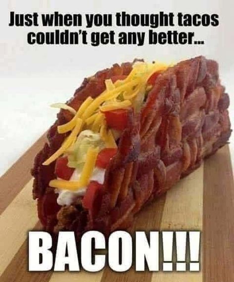 37 Funny Bacon Memes for 2022 Unique Bacon Recipes, Bacon Taco, Taco Shell Recipe, Bacon Weave, God Mad, Stuffed Shells Recipe, Taco Stuffed Shells, Bacon Recipes, I Love Food