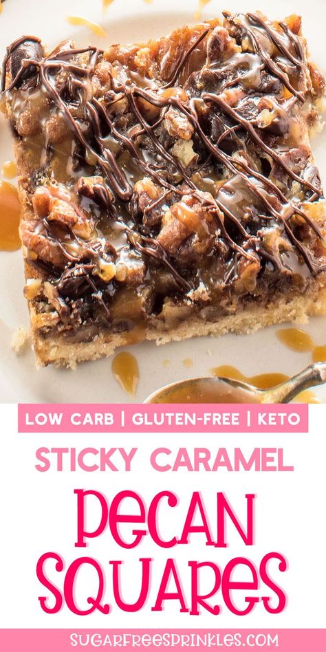 Pecan Pie Squares, Caramel Pecan Bars, Macro Desserts, Sweet Pecans, Low Carb Caramel, Thm Cake, Low Carb Pecan Pie, Pie Squares, Caramels Recipe