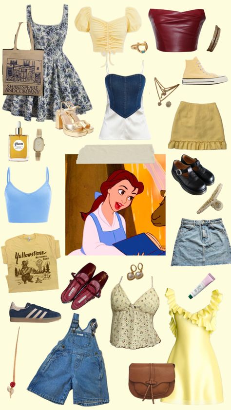 #disney #ootd #outfit #outfitideas #outfitinspo #aesthetic #wallpaper #vintage #beauty #belle #beautyandthebeast Beauty And The Beast Aesthetic Outfit, Simple Disney Character Outfits, Disney Aesthetic Outfit Ideas, Outfits Inspired By Disney Princesses, Belle Inspired Outfits Casual, Cute Disney Bound Outfits, Beauty And The Beast Inspired Outfits, Modern Belle Outfits, Belle Disney Bound