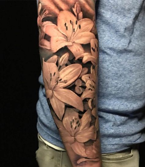 Lily Tattoo With Name As Stem, Lily Tattoo Realism, Lilly Tattoo Sleeve For Women, Lily Arm Tattoo Sleeve, Men Lily Tattoo, Calla Lily Tattoo Sleeve, Daisy And Lilly Tattoo, Masculine Lily Tattoo, Waterlily Sleeve Tattoos