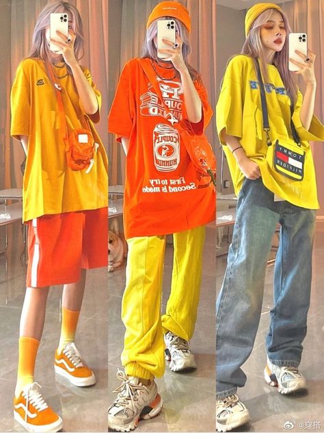 Colourful Tomboy Outfits, Bright Yellow Outfit, Yellow Tomboy Outfits, Street Wear Colorful, Streetwear Fashion Colorful, Colourful Masc Outfits, Colorful Baggy Outfits, Colourful Streetwear, Bright Y2k Outfits