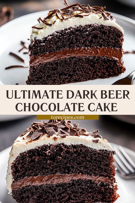 Treat yourself and your loved ones to a slice of heaven with this moist Guinness chocolate cake! It combines the rich taste of cocoa and stout, creating a dessert that's both indulgent and unforgettable. Ideal for both festive occasions and everyday cravings, this cake is topped with a creamy frosting that makes it even more delightful. Try this amazing recipe and spread the joy of baking among your friends and family! Guinness Chocolate Cake, Guinness Chocolate, Creamy Frosting, Joy Of Baking, Dark Beer, Slice Of Heaven, Chocolate Cake Recipe, Guinness, Cake Recipe