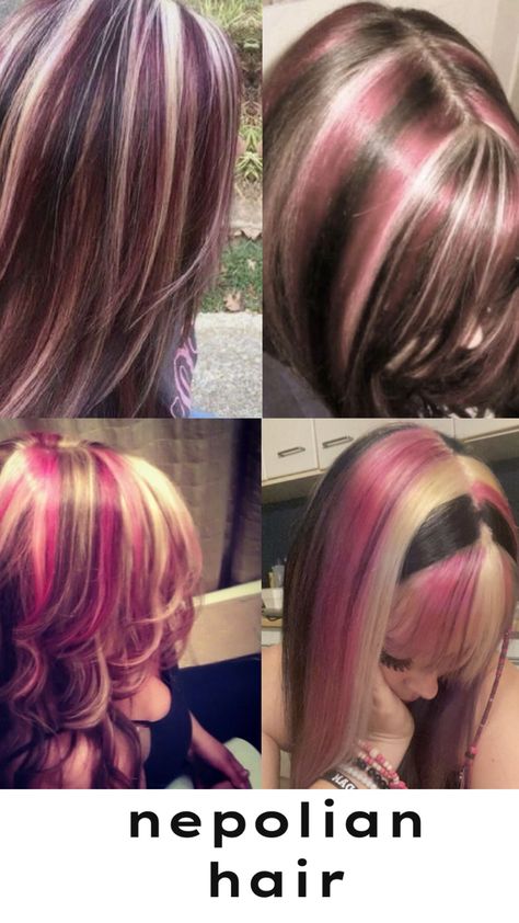 Ombre Hair Designs, Pink Blonde Highlights In Brown Hair, Pink Blond And Brown Hair, Blonde Pink Brown Hair, Dyed Blonde Hair Ideas, Brown Blonde And Black Hair, Blonde Hair With Pink And Black Streaks, Strawberry Dyed Hair, Hair Inspo For Brown Hair