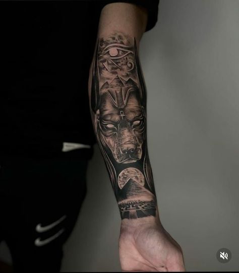 Anubis Tattoo Forearm, Anubis Forearm Tattoo, Egyptian Tattoos, Egyptian Eye Tattoos, Horus Tattoo, Gladiator Tattoo, Tattoo Ideas Males, Anubis Tattoo, Filigree Tattoo