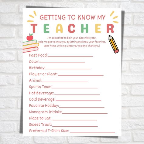 Excited to share the latest addition to my #etsy shop: Teacher Favorites Survey, Printable Back To School Questionnaire For Teacher Favorites, Get To Know My Teacher All About My Teacher 3k Classroom, Get To Know The Teacher, Get To Know Your Teacher, School Questionnaire, All About My Teacher, Teacher Questionnaire, About My Teacher, Teacher Favorites, Parent Teacher