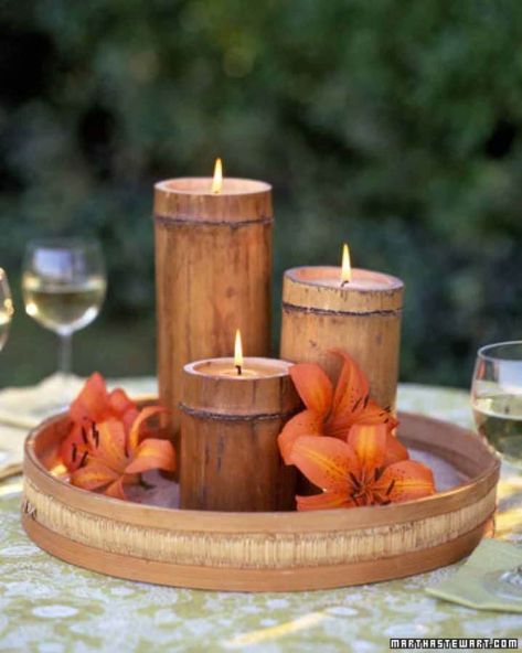 Natural, earthy, and warm candles made from bamboo. Other projects can be found at this linke. Repurpose, upcycle, recycle, and reuse! Candles And Flowers, Diy Bamboo, Bamboo Candle, Bamboo Diy, Bamboo Decor, Bamboo Art, Tropical Home Decor, Bamboo Crafts, Deco Originale