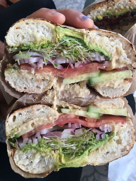 Hummus Bagel, Vegan Bagel Toppings, Asiago Bagel Topping, Vegan Bagel Sandwich, Bagel Sandwich Vegan, Vegan Everything Bagel, Early Breakfast, Vegan Bagel, Pacific Grove California