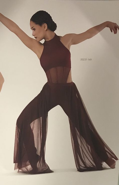 Brown Contemporary Dance Costumes, Elegant Dance Outfit, Edgy Contemporary Dance Costume, Contemporary Jazz Dance Costumes, Contemporary Costumes Modern Dance, Modern Dance Costumes Pants, Contemp Dance Outfits, Flowy Dance Outfit, Contemporary Dance Outfits Aesthetic