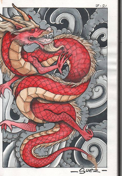 Japanese Dragon. I used watercolor and indian ink. #dragon #tattoo #illustration #drawing #ink #japanesedragon #watercolor #art #artist Ink Dragon Tattoo, Indian Dragon, Ink Dragon, Japanese Dragon, Tattoo Illustration, Drawing Ink, Gcse Art, Dragon Art, Dragon Tattoo