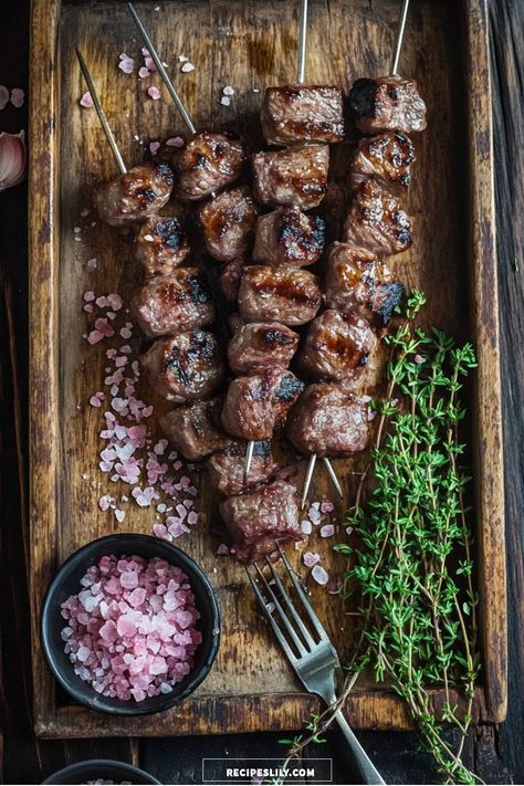 Grilling season is here! I'm sharing my favorite recipe for savory beef skewers that are perfectly charred and bursting with flavor. Paired with some pink Himalayan salt and fresh thyme, these skewers are a crowd-pleaser that will elevate any outdoor gathering or family dinner. Let's fire up the grill and get cooking! Grilled Beef Skewers, Grilled Beef Kabobs, Beef Skewers Grill, Beef Kebab, Beef Kebabs, Kebab Recipe, Beef Skewers, Beef Kabobs, Outdoor Gathering