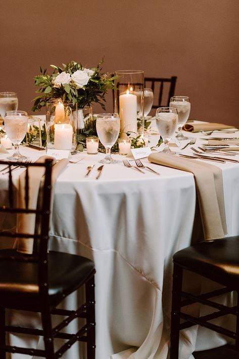 Table Setting Ideas Wedding Rustic, White Linens Wedding Table, Wedding Plate Setting Simple, Ivory Linen Wedding Table, Neutral Greenery Wedding Table Settings, Neutral Table Linens Wedding, Buffet Style Wedding Table Setting, Off White Table Cloths, Linens For Wedding Receptions