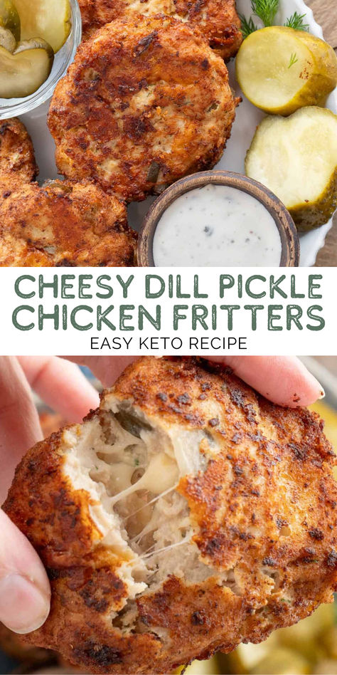 These Dill Pickle Chicken Fritters are crispy, cheesy, and loaded with flavor! Think fried pickles + cheesy chicken, and that gives you a good idea of how amazing these easy chicken fritters are! You can freeze these for an easy meal prep recipe, too. Low Carb Dinner Ideas Easy Chicken, Quick Healthy Meal Prep Lunch Ideas, Healthy Carb Meals, Dill Pickle Flavored Recipes, Easy Healthy Meal Prep High Protein, Pickle Dinner Recipes, Pickle Chicken Bites, Pickle Dinner, Low Carb High Protein Appetizers