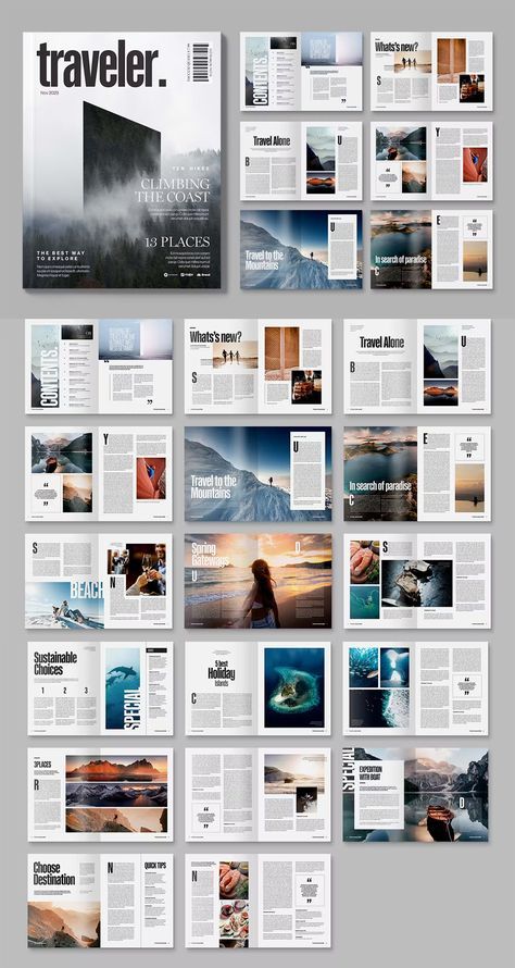 Modern Travel Magazine Template INDD Professional Magazine Layout, Magazine Layout Design Travel, Information Layout Design, Free Magazine Template, Layout Design Inspiration Magazine, Magainze Layout Design, Maganize Design, Magazine Cover Travel, Culture Magazine Layout