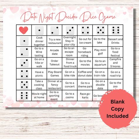 Printable Date Night Decider Dice Game. This fun couples dice game is the perfect gift for an anniversary or for Valentine's Day. This is a perfect gift for your husband/wife or boyfriend/girlfriend. If you are tired of having to plan date nights, this is the perfect answer! Just take turns rolling the dice and your date is picked for you. Add some adventure and spontaneity to your love life with this interesting Date Night Idea Dice Game. Blank copy also included so that you can write in yo🥰#LoveStory #RomanticEncounters #HeartfeltConnections #DateNightIdeas #SoulmateSearch #FlirtyFridays #CandlelitDinners #StarryEyedMoments #LoveQuotes #DreamyDates #WhisperedPromises #AmourAdventures Date Night Dice Diy, Couple Dice Game, Dirty Dice Game, This Or That Date Ideas, Game With Boyfriend Ideas, Dirty Dice Game For Couples, Craft Date Night Ideas, Things To Do At Home With Boyfriend, Spicy Games For Couples