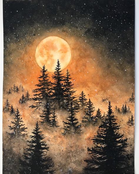 Southwestern Art, Doodle Ideas, Moon Painting, Landscape Art Painting, Harvest Moon, Painting Art Projects, Pine Trees, Diy Art Painting, Diy Canvas Art