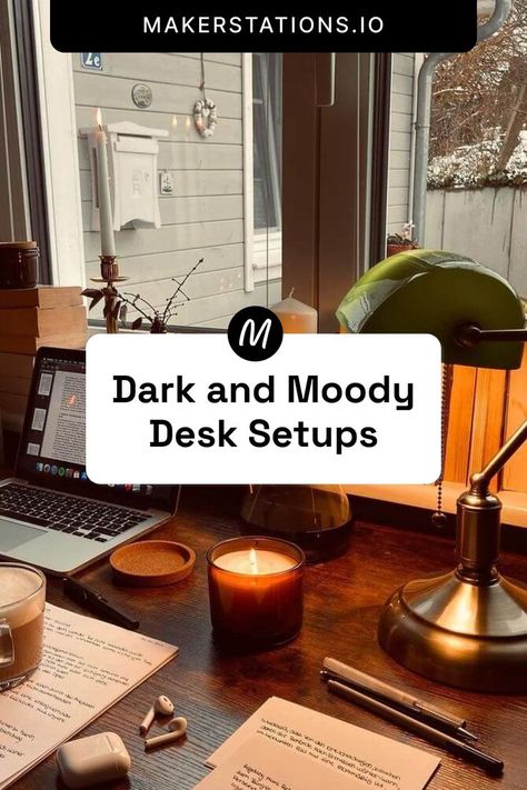 Students, designers, gamers, and more all rejoice in moodiness and reflect it onto their home offices and desk setups. Dark Academia Aesthetic Desk Setup, Desk Ideas Dark Academia, Dark Brown Desk Office Decor, Dark Wood Desk Decor Office Ideas, Dark Cozy Desk Setup, Dark Academia Desk Decor, Dark Academia Office Desk, Organised Desk Aesthetic, Earth Tone Desk Setup